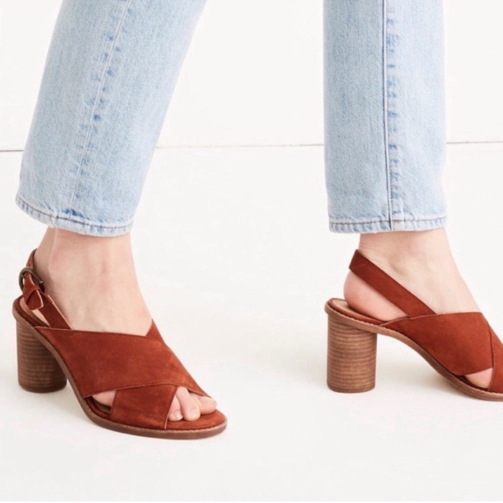 Madewell Ruthie Crisscross Nubuck Suede Chunky Block Heels Spiced Cider Size 10 - Picture 1 of 9
